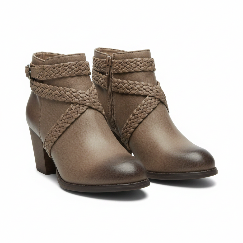 BellanBlue Lazzaro-2 taupe ankle bootie with braided cross-wrap straps, both shoes front three-quarter view