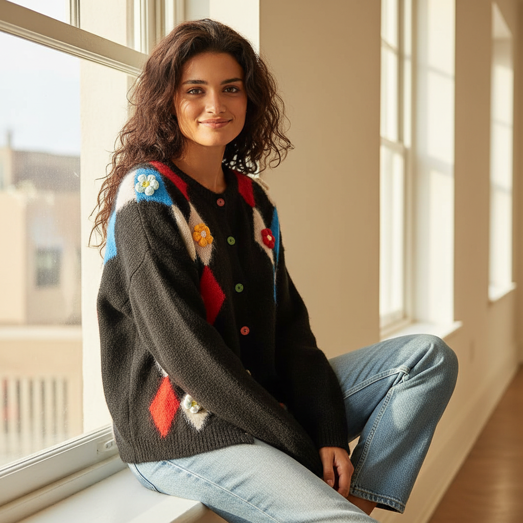 Women's black argyle knit cardigan seated lifestyle, 3D floral embroidery detail, fuzzy oversized silhouette