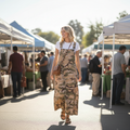 Camo Overall Maxi Dress styled with white t-shirt and sandals at outdoor farmers market - lifestyle photo