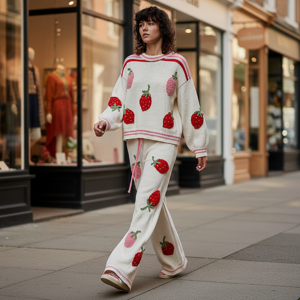 POL Clothing women's cream strawberry knit sweater on model, boutique street style setting
