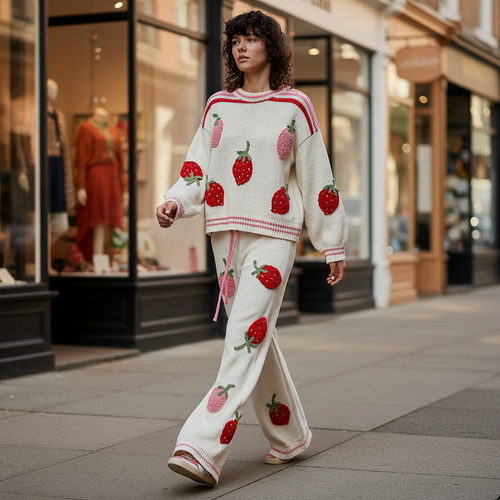 POL Clothing women's cream strawberry knit sweater on model, boutique street style setting
