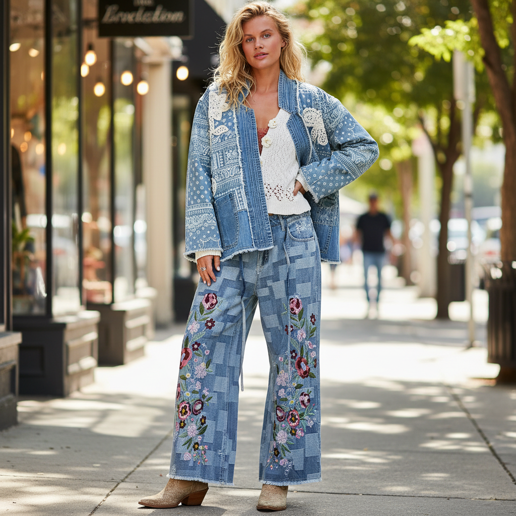 POL Clothing women's denim paisley patchwork quilted jacket with lace appliqué, open-front A-line silhouette, boutique street style - BellanBlue
