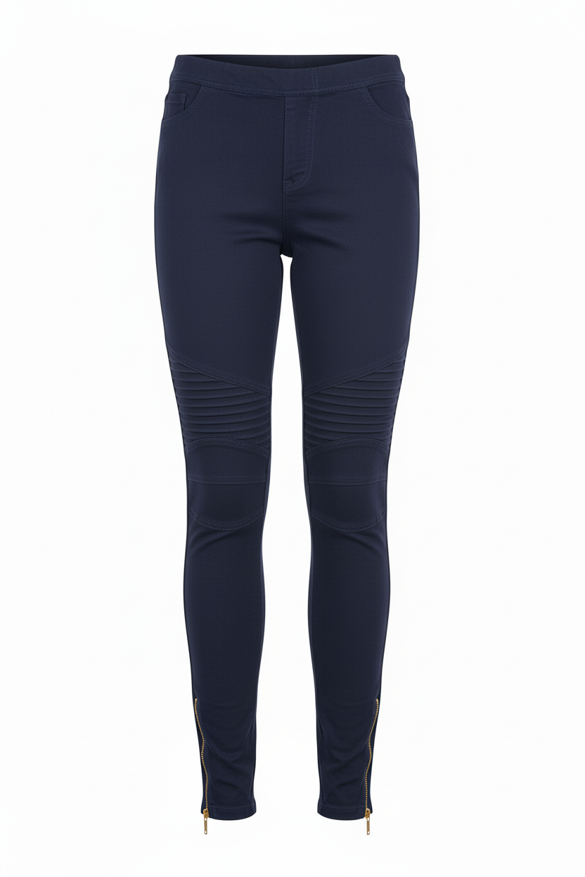 Women's moto leggings in navy blue - front view showing moto seaming, knee ruching, and gold ankle zipper