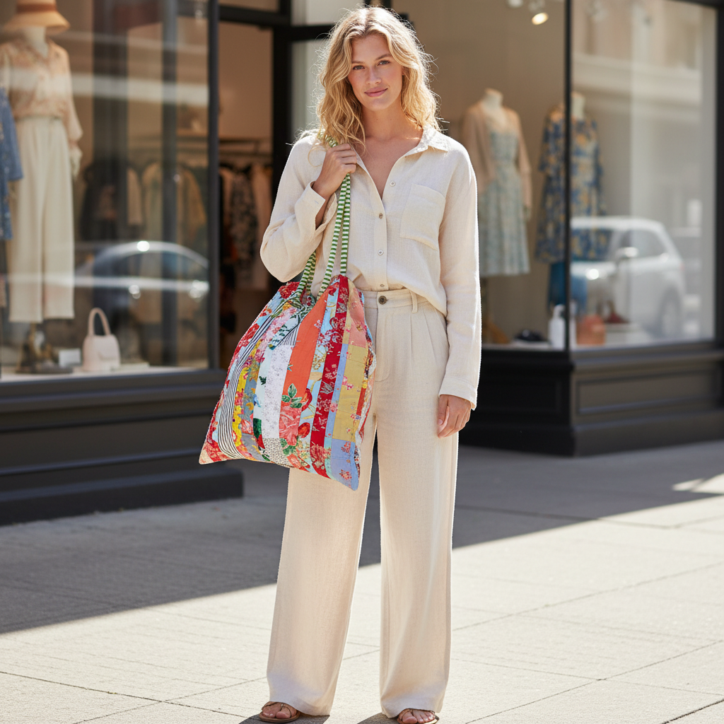 POL Clothing women's cream multi quilted patchwork tote bag on boutique sidewalk - BellanBlue