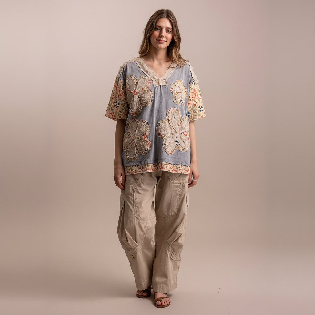 Bluevelvet women's dusty blue patchwork floral appliqué V-neck top, relaxed fit, front view - BellanBlue