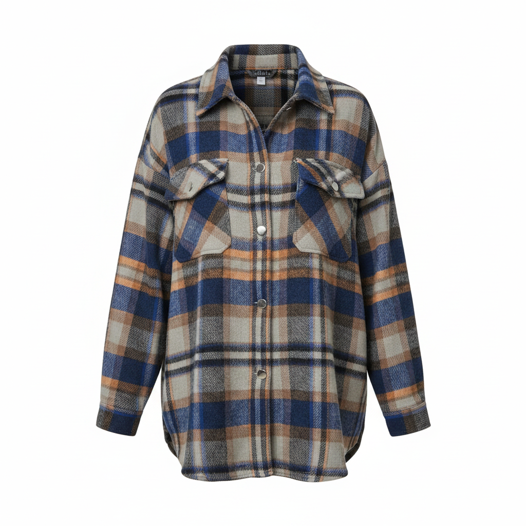Women's blue plaid flannel shacket, front view, toggle buttons, chest patch pockets, oversized fit