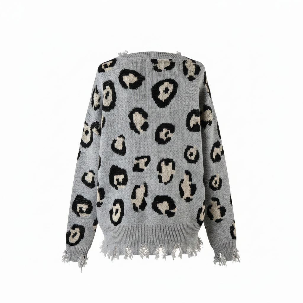 Women's grey leopard knit sweater back view, ghost mannequin, distressed fringe hem, oversized fit