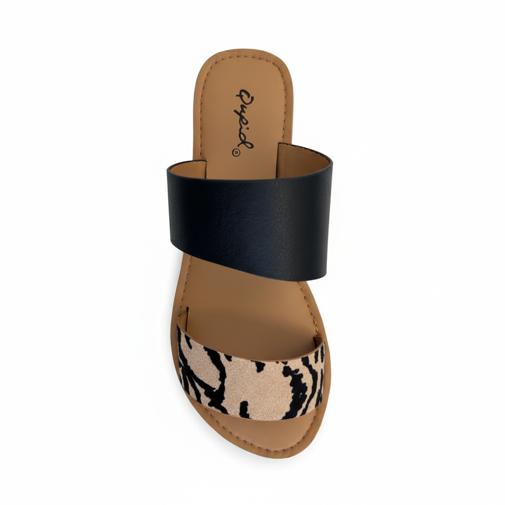 Qupid tan zebra print two-band slide sandal top view showing black upper strap and Qupid branded footbed