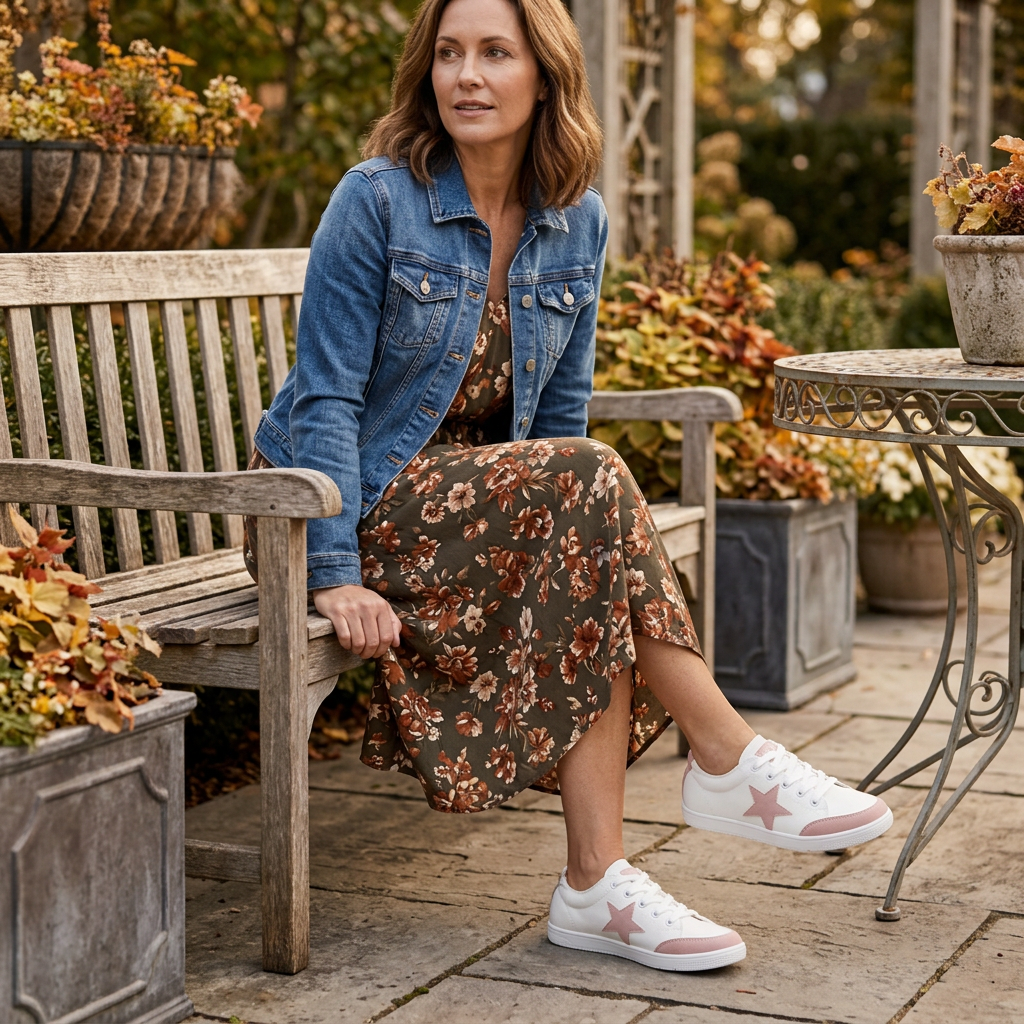 Women's white and blush pink star sneakers styled with a floral dress on a garden patio