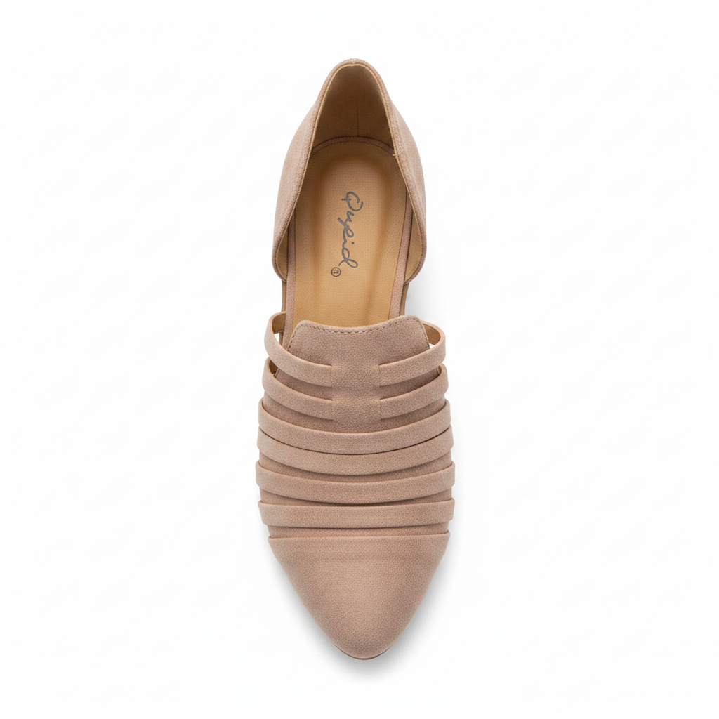 Overhead top view of warm taupe d'Orsay flat showing five horizontal cage straps and tan footbed