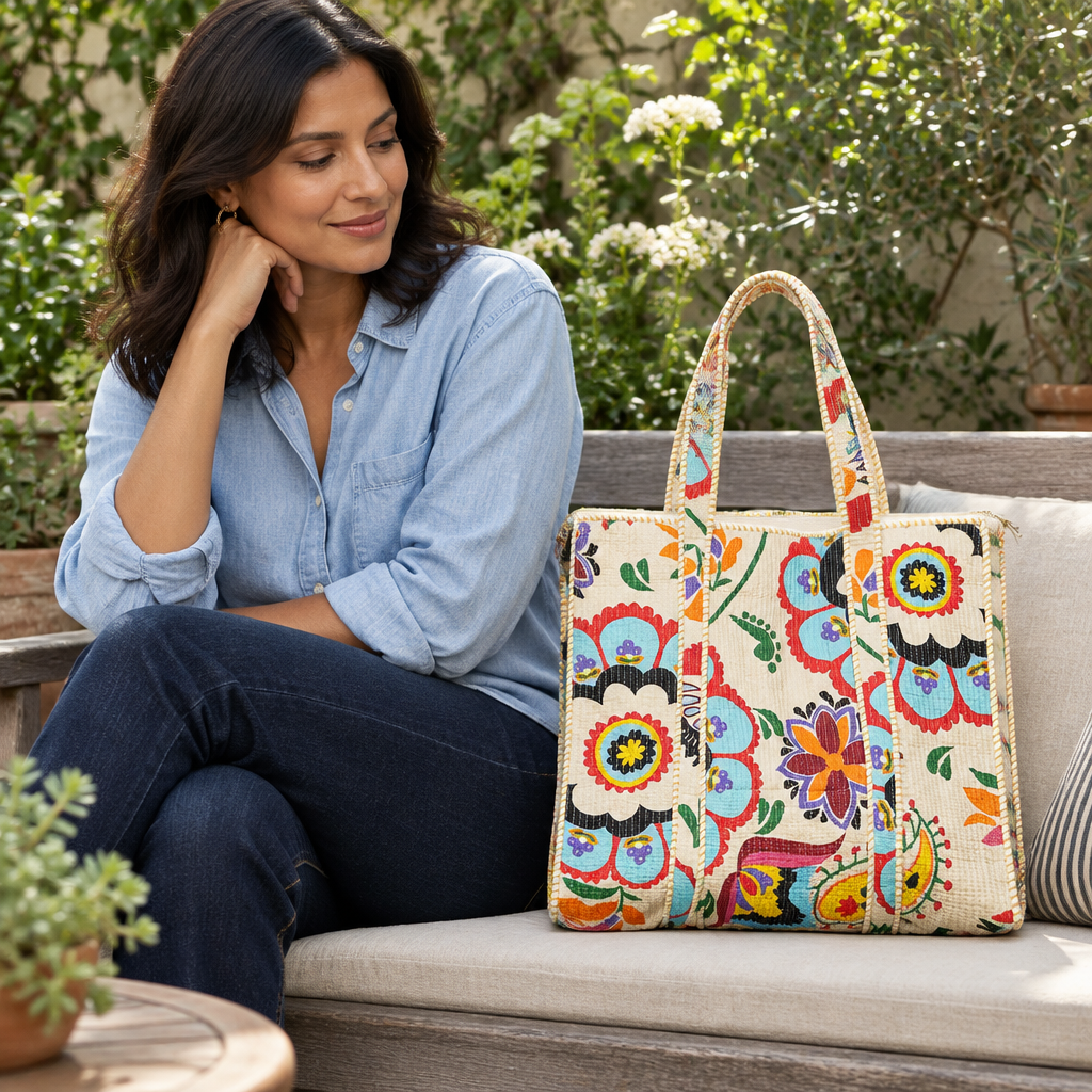 POL Clothing women's Cream Multi quilted tote with striped handles beside a garden patio