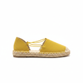 Qupid ELMORE-18A yellow suede PU espadrille lace-up flat sandal, side profile view, white background