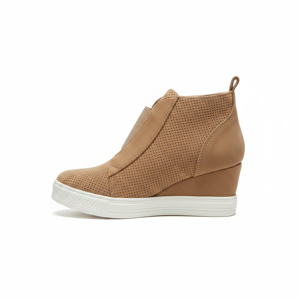 Camel perforated wedge sneaker bootie inner side profile, elastic instep panel and hidden wedge heel on white background