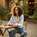 Women's cream blue floral balloon sleeve cropped cardigan styled with jeans casual outdoor look - BellanBlue