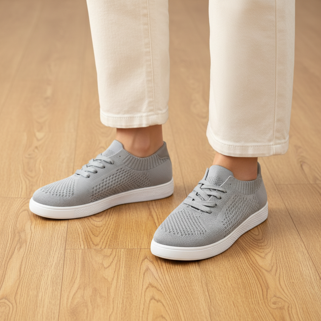 Women's light grey flyknit sneakers worn as a pair on wood floor with cream wide-leg trousers