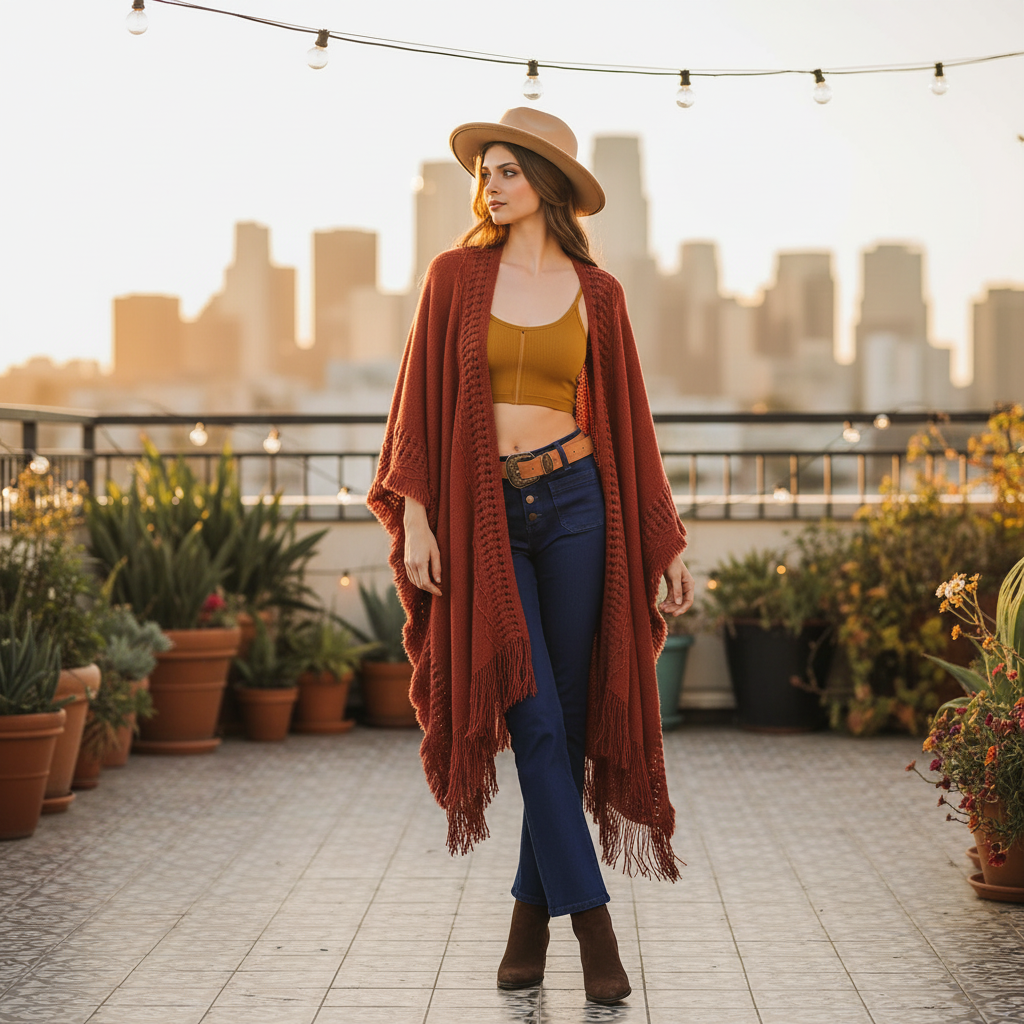 Women's brick rust frayed-trim ruana wrap styled with dark denim, relaxed oversized kimono drape