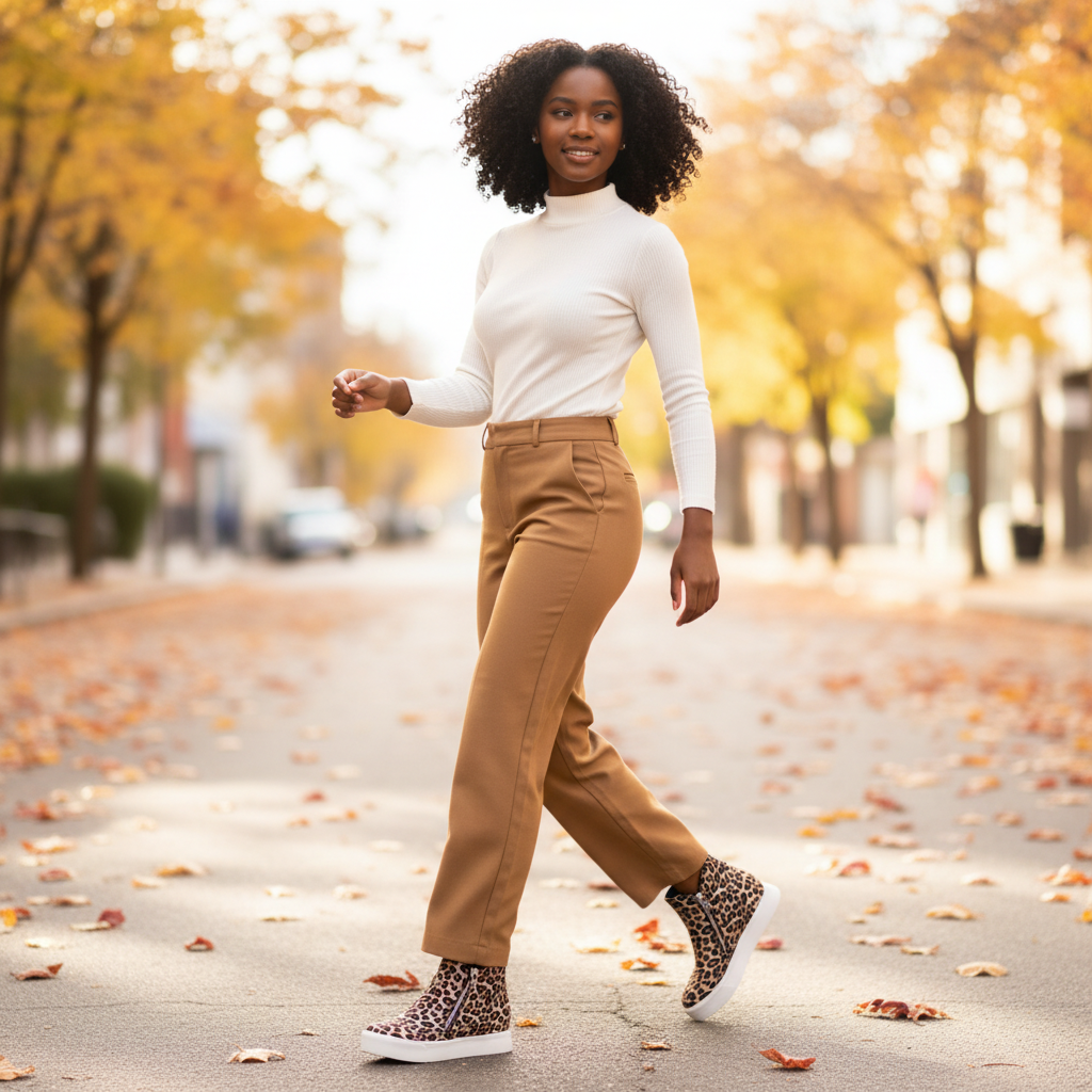 Women's cheetah print sneaker bootie, thick white sole, walking on autumn street styled with camel wide-leg trousers