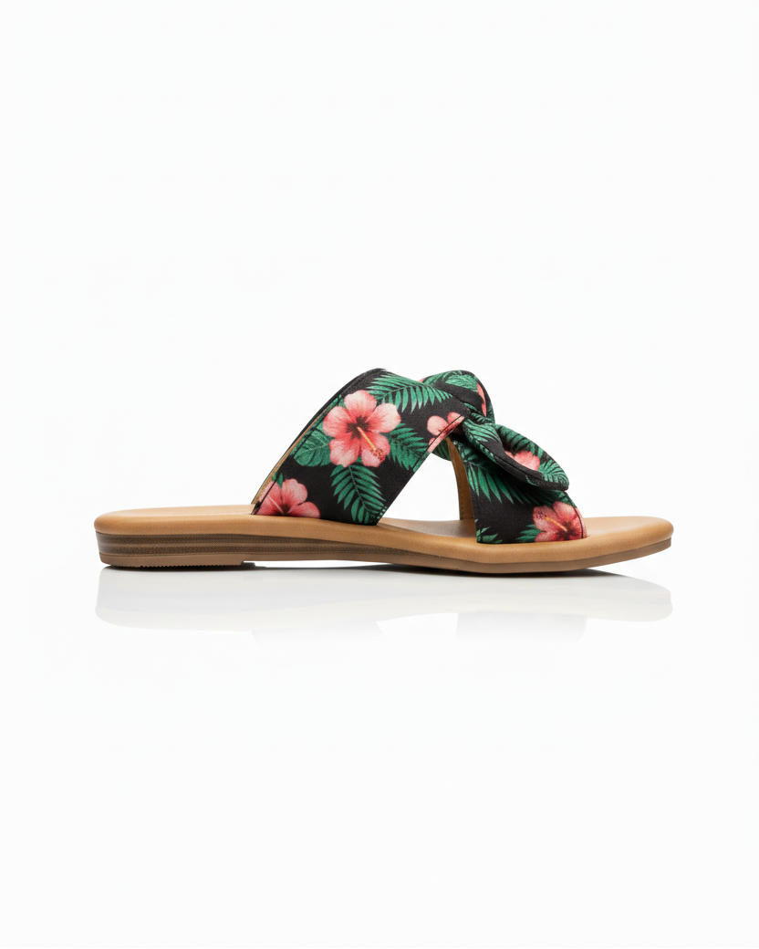 Side profile of tropical print slide sandals showing twisted knot height and comfortable flat silhouette