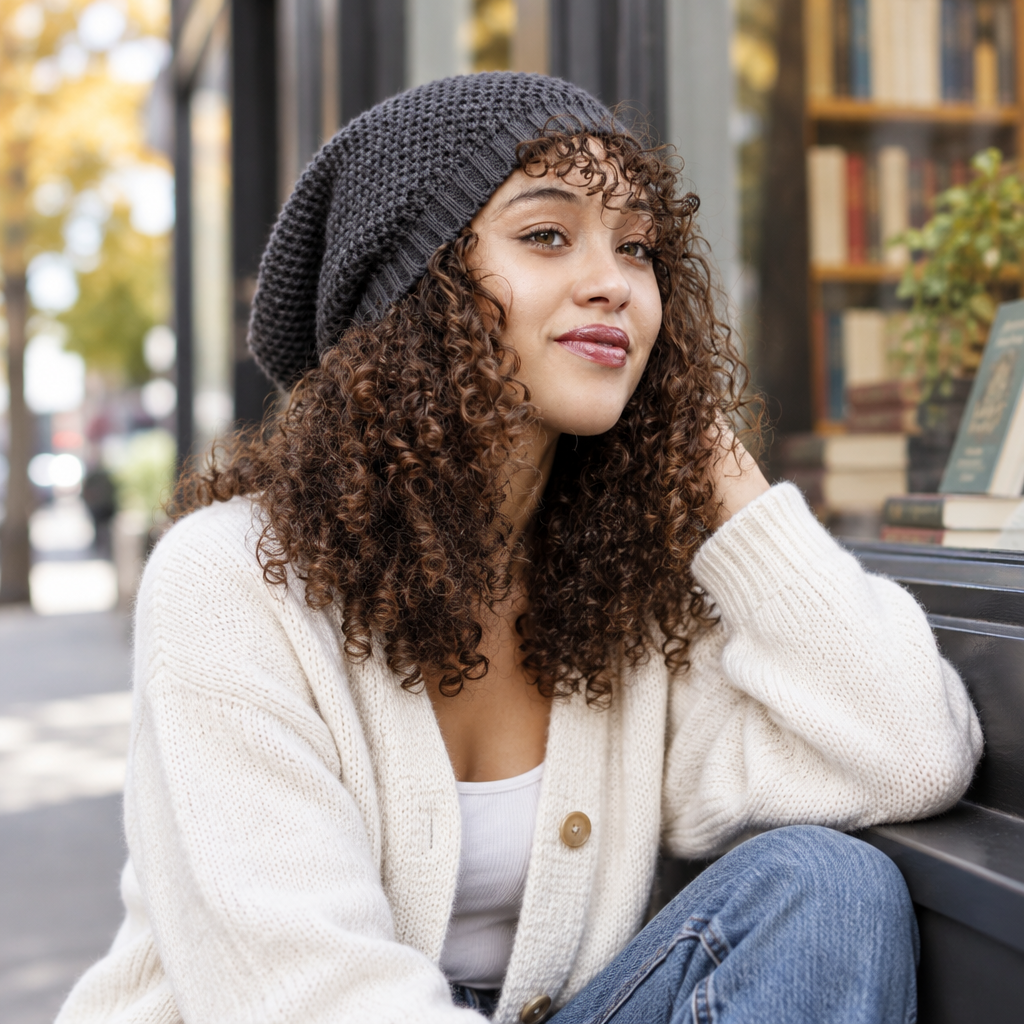 Leto Collection women's gray waffle-knit slouch beanie outside a modern bookstore