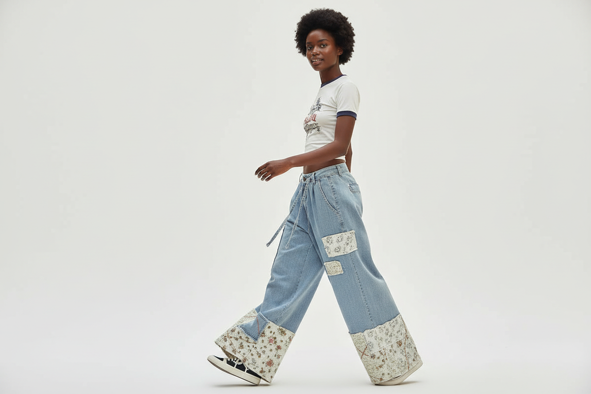 POL Clothing Denim Patchwork Wide-Leg Pants in motion showing ultra-wide silhouette and cream floral hem panels with natural drape