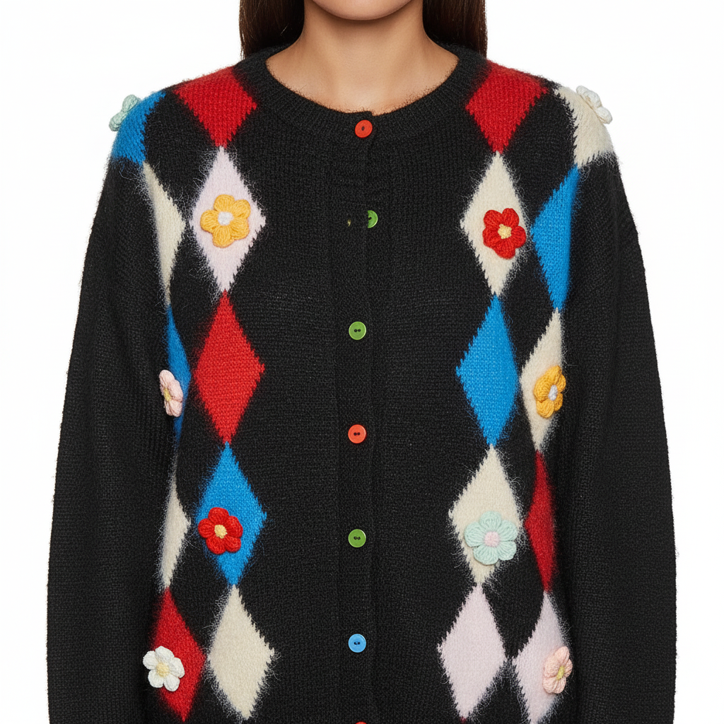 Close-up of women's black knit cardigan 3D floral appliqué embroidery and colorful argyle diamond pattern detail