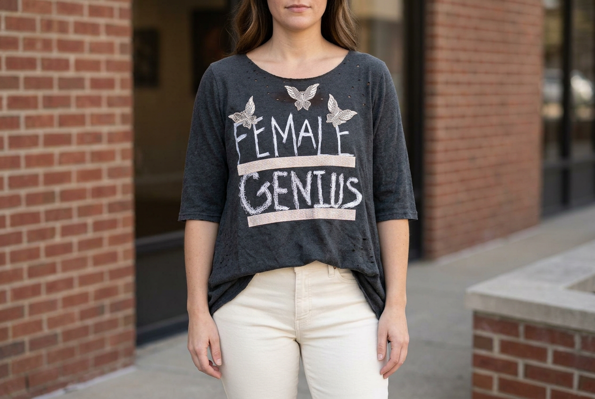 Woman wearing a charcoal Female Genius embellished tee and cream jeans beside a brick building.