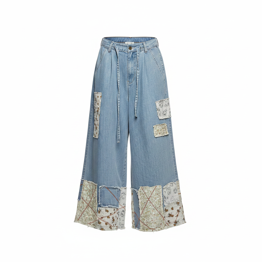 Women's light wash denim wide-leg patchwork pants, tapestry hem panels, cargo pockets, baggy fit