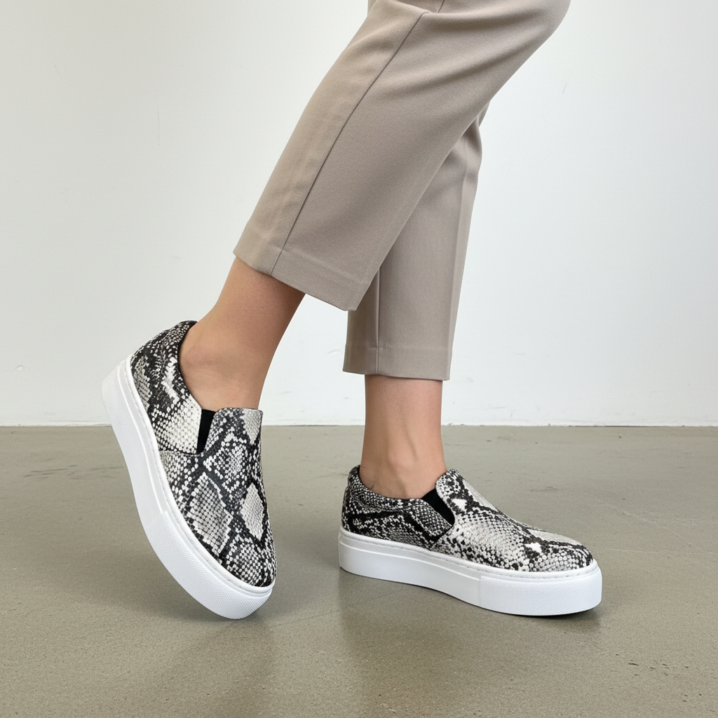 Women's black white snakeskin platform slip-on sneaker casual walking lifestyle outfit