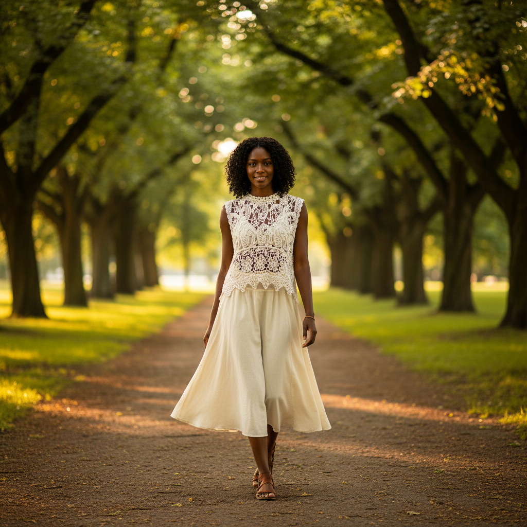 Women's off white POL crochet lace cropped top golden hour park walk styled with flowy midi skirt