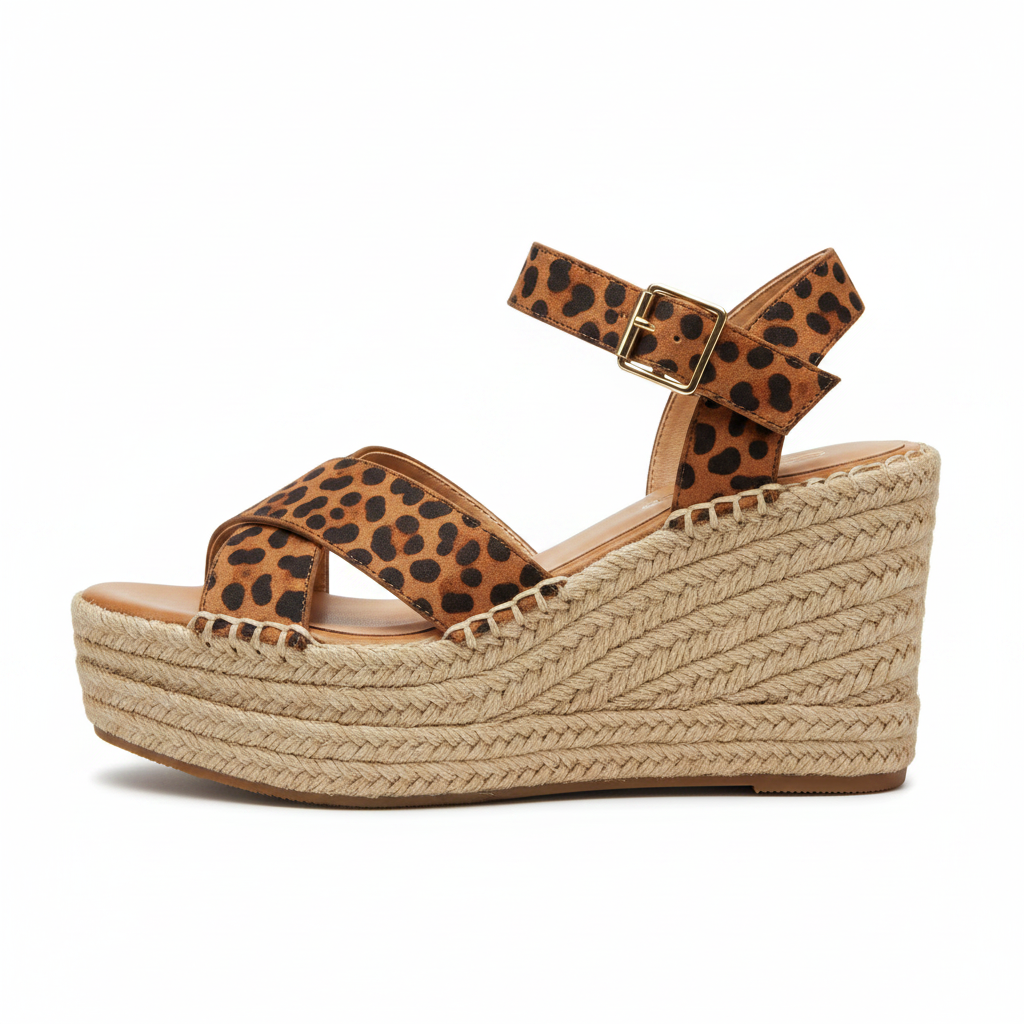 Outer-side profile of leopard print espadrille wedge sandal, gold buckle ankle strap, braided jute platform sole, white background