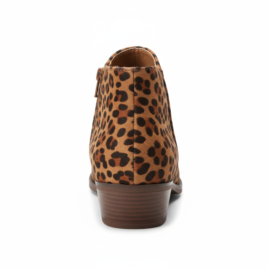 Leopard ankle booties - back view showing heel counter and zipper closure