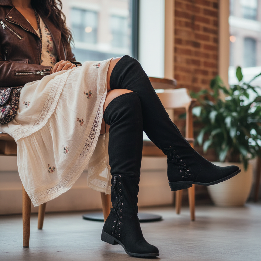 Woman seated wearing Verona black over-the-knee boots showing corset lace-up detail, boho midi dress, cafe setting
