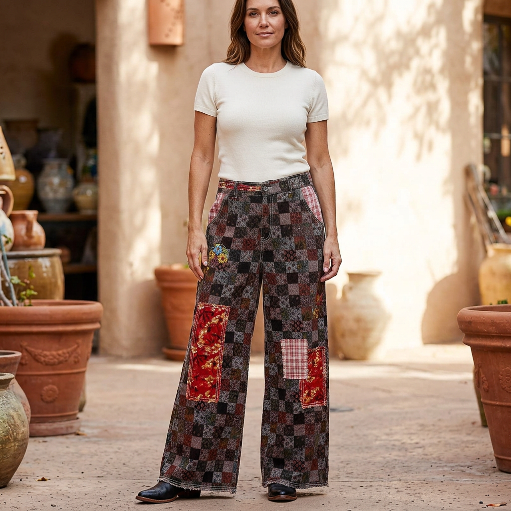 POL Clothing women's burgundy patchwork straight-leg pants styled in a courtyard - BellanBlue