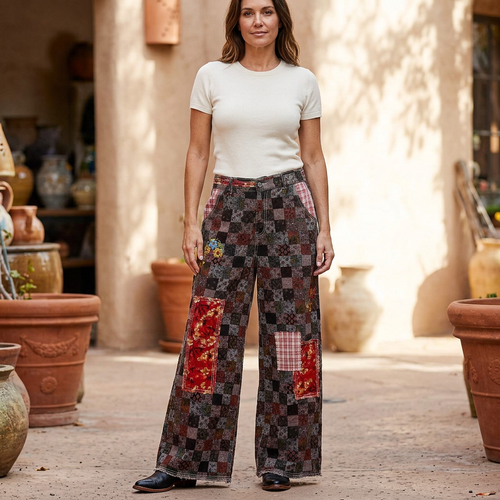 POL Clothing women's burgundy patchwork straight-leg pants styled in a courtyard - BellanBlue