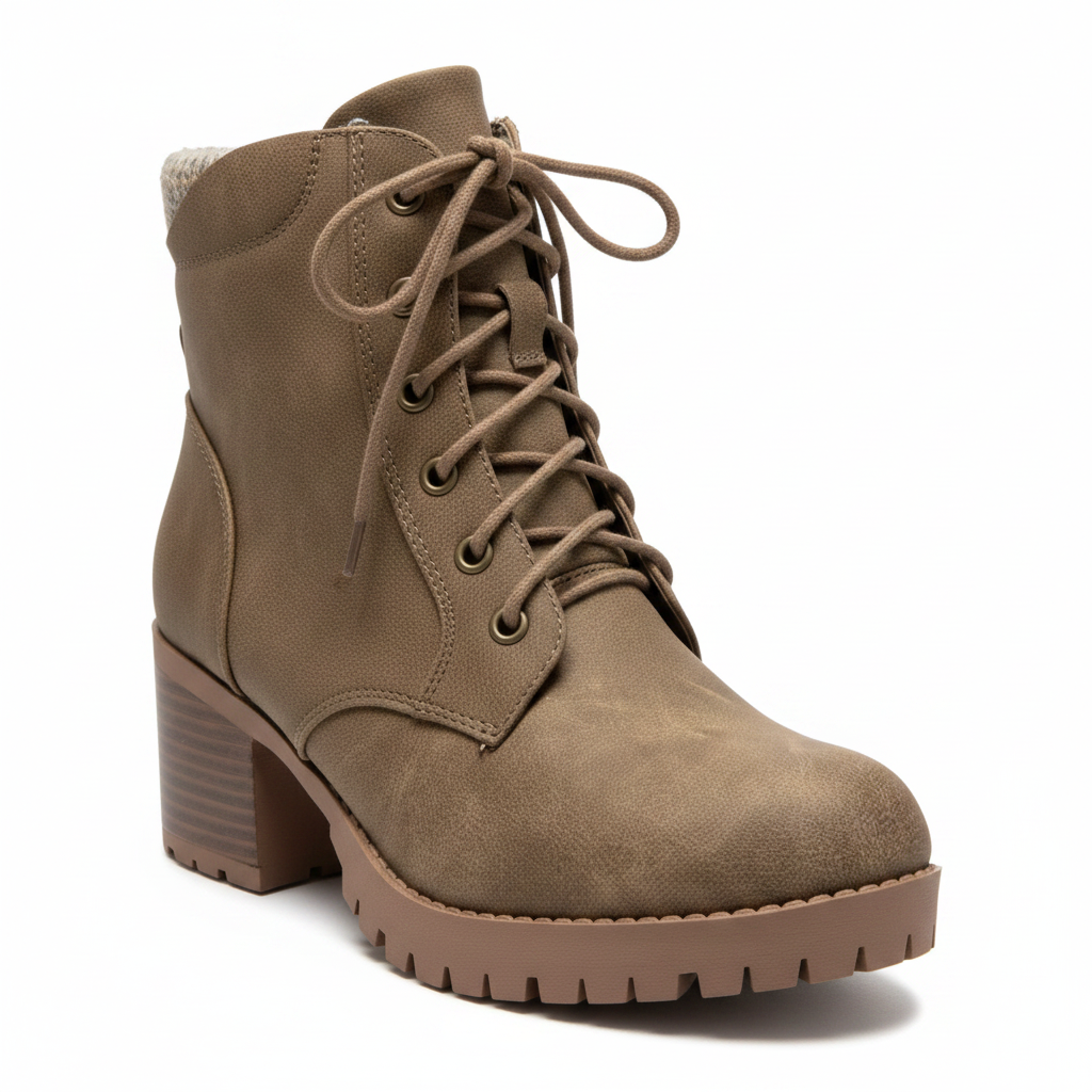 SODA women's taupe distressed ankle boot 3/4 view, lace-up front, knit collar trim, block heel