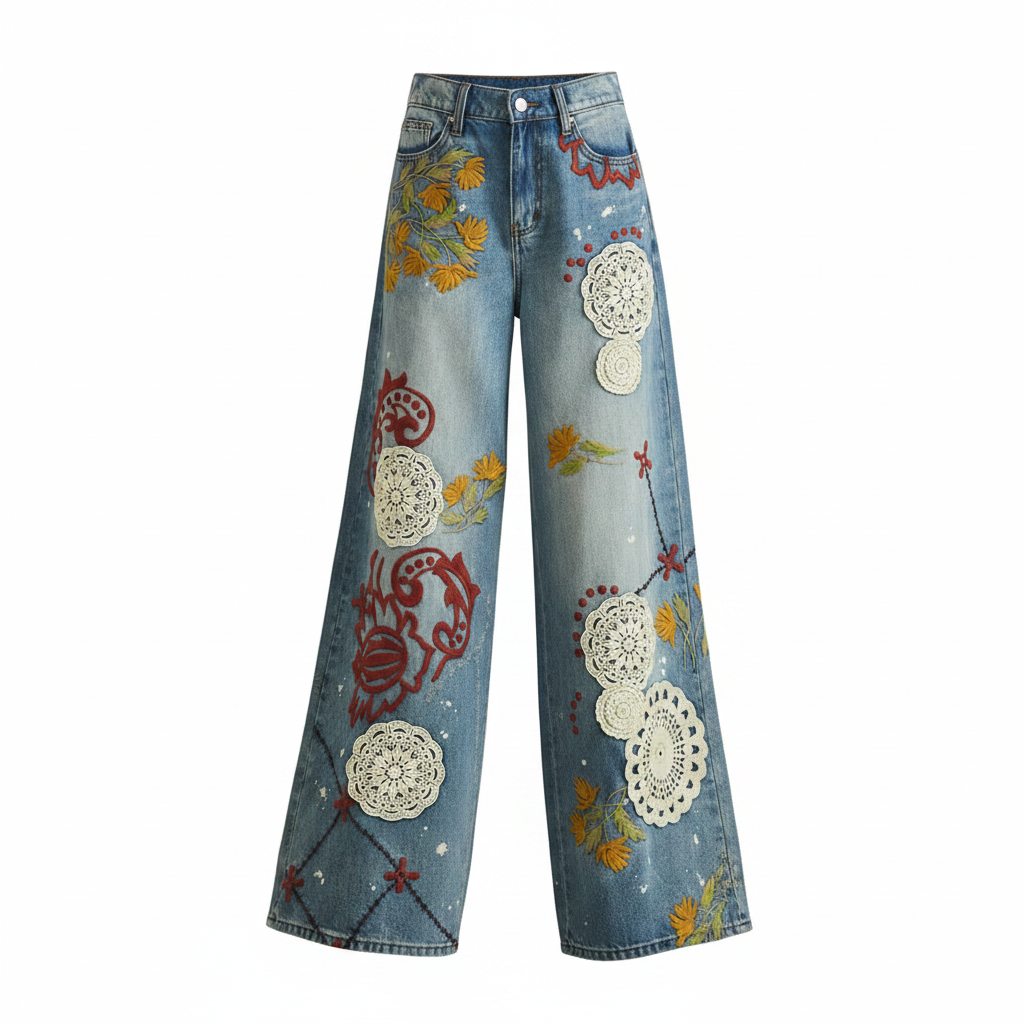 Women's embroidered wide leg denim pants, front view, medium blue mineral wash, relaxed fit, ghost mannequin