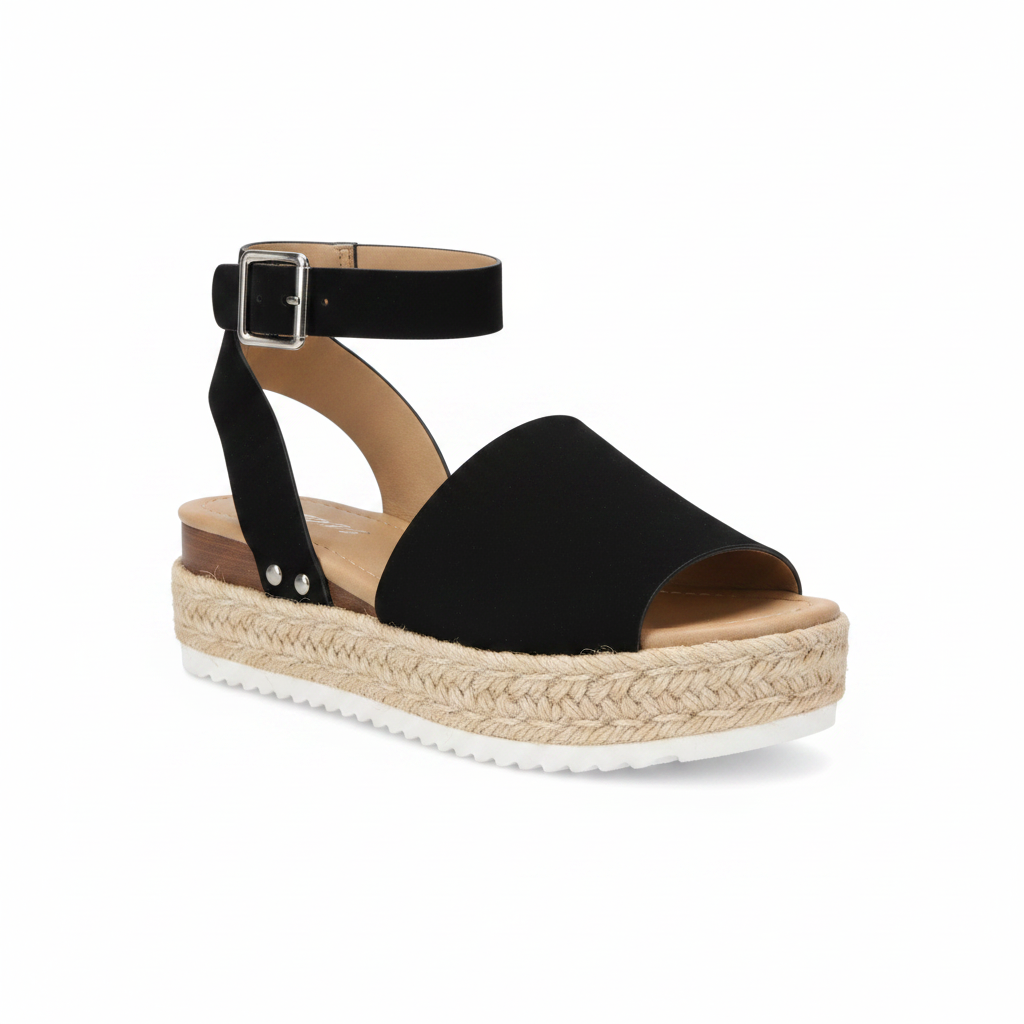 Women's black espadrille platform sandal 3/4 angle showing silver buckle ankle strap, jute rope platform, and silver stud detail - Soda