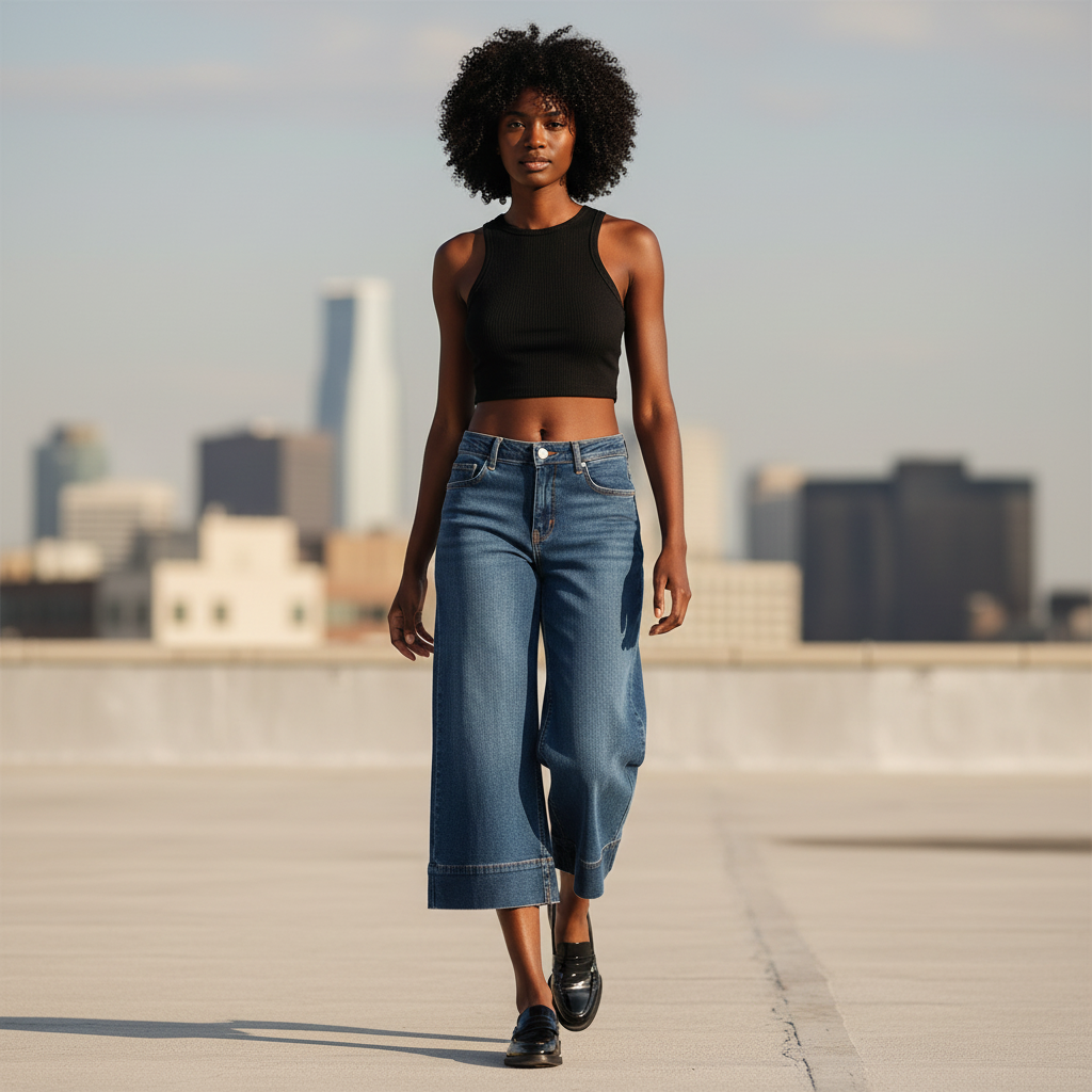 Women's blue wash culotte denim pants rooftop editorial black crop top loafers