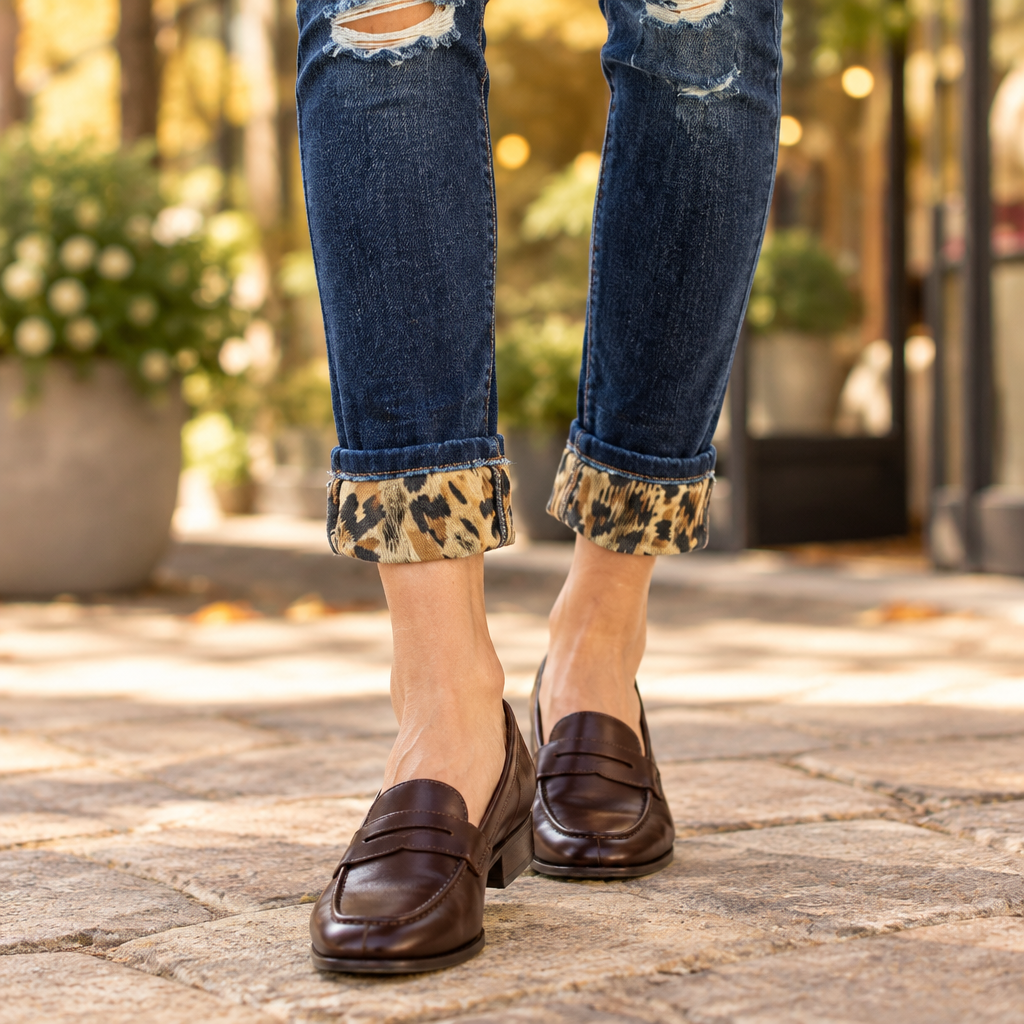 KanCan women's dark wash skinny jeans leopard-print folded cuff detail with brown loafers on stone pavers