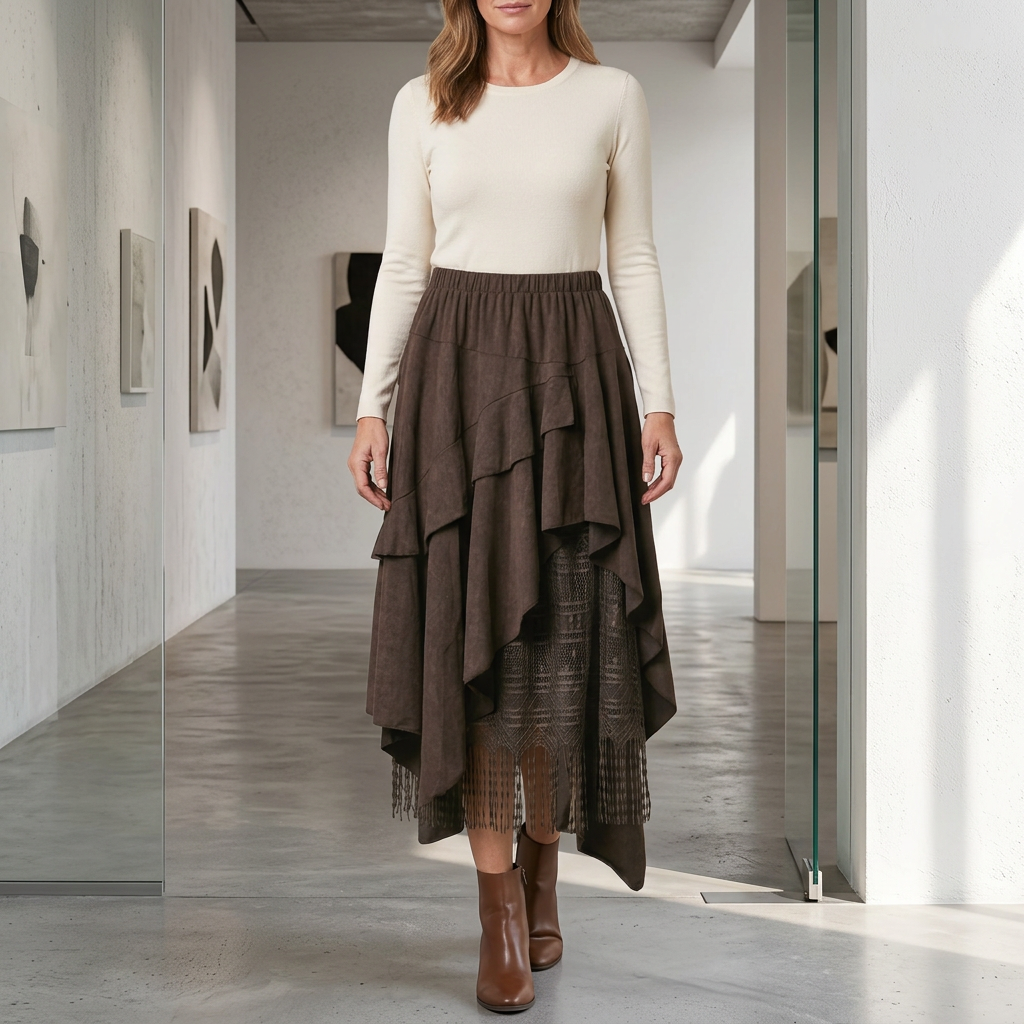Brown layered midi skirt with lace and fringe, styled with a cream top and boots at a gallery.
