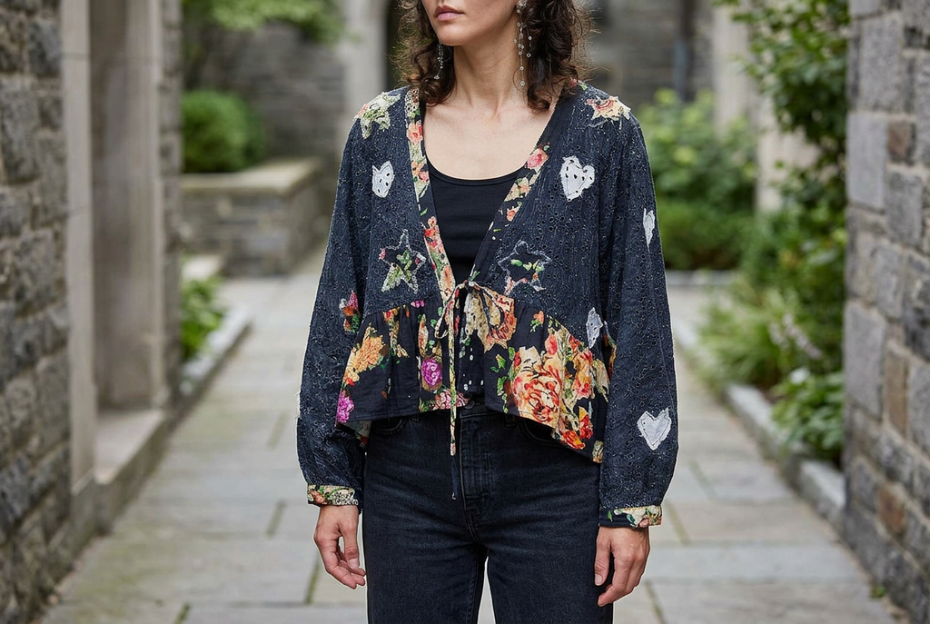 Black cardigan showing long balloon sleeves, heart patches and a floral ruffle hem in a stone passage.