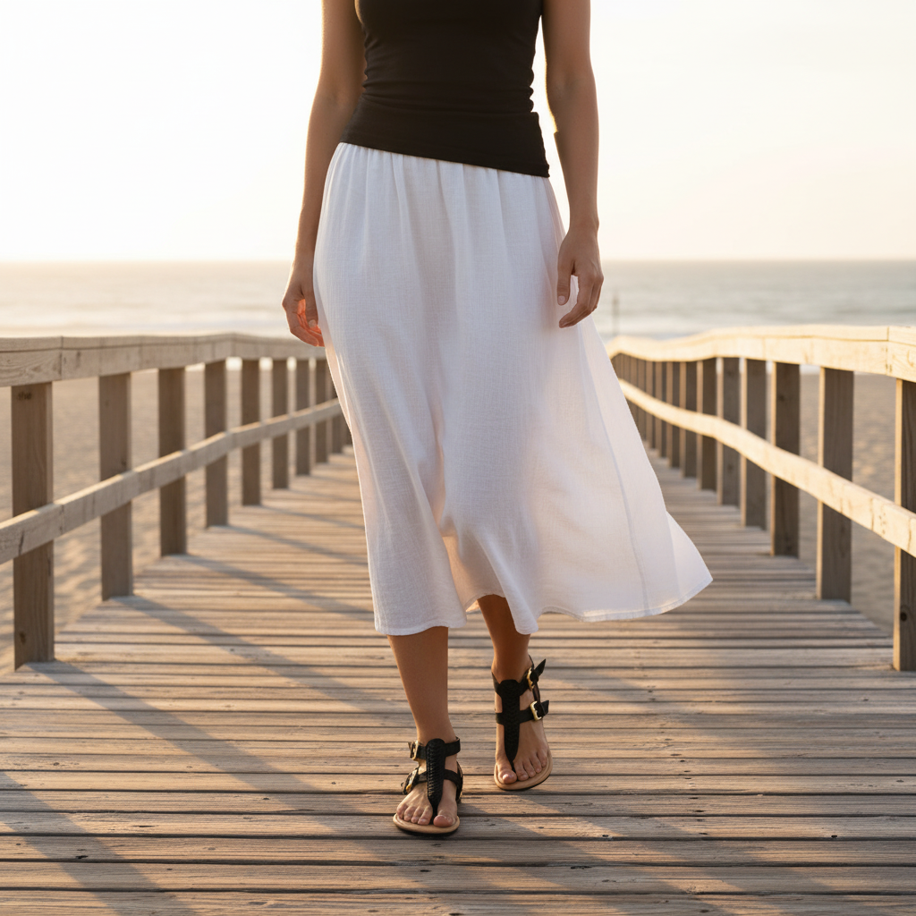 Woman wearing black braided thong sandals with gold buckles, styled with a white linen midi skirt on a sunny beach boardwalk