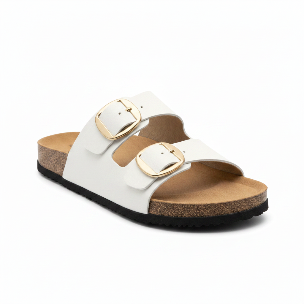 Women's white double-strap slide sandal with gold square buckle hardware 3/4 front angle view