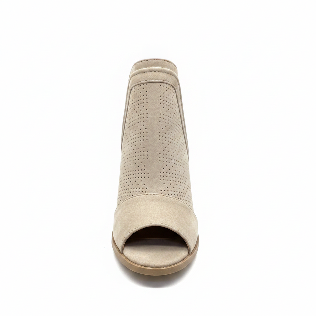Women's light taupe perforated nubuck peep toe ankle bootie with deep side cutout and stacked block heel front view white background