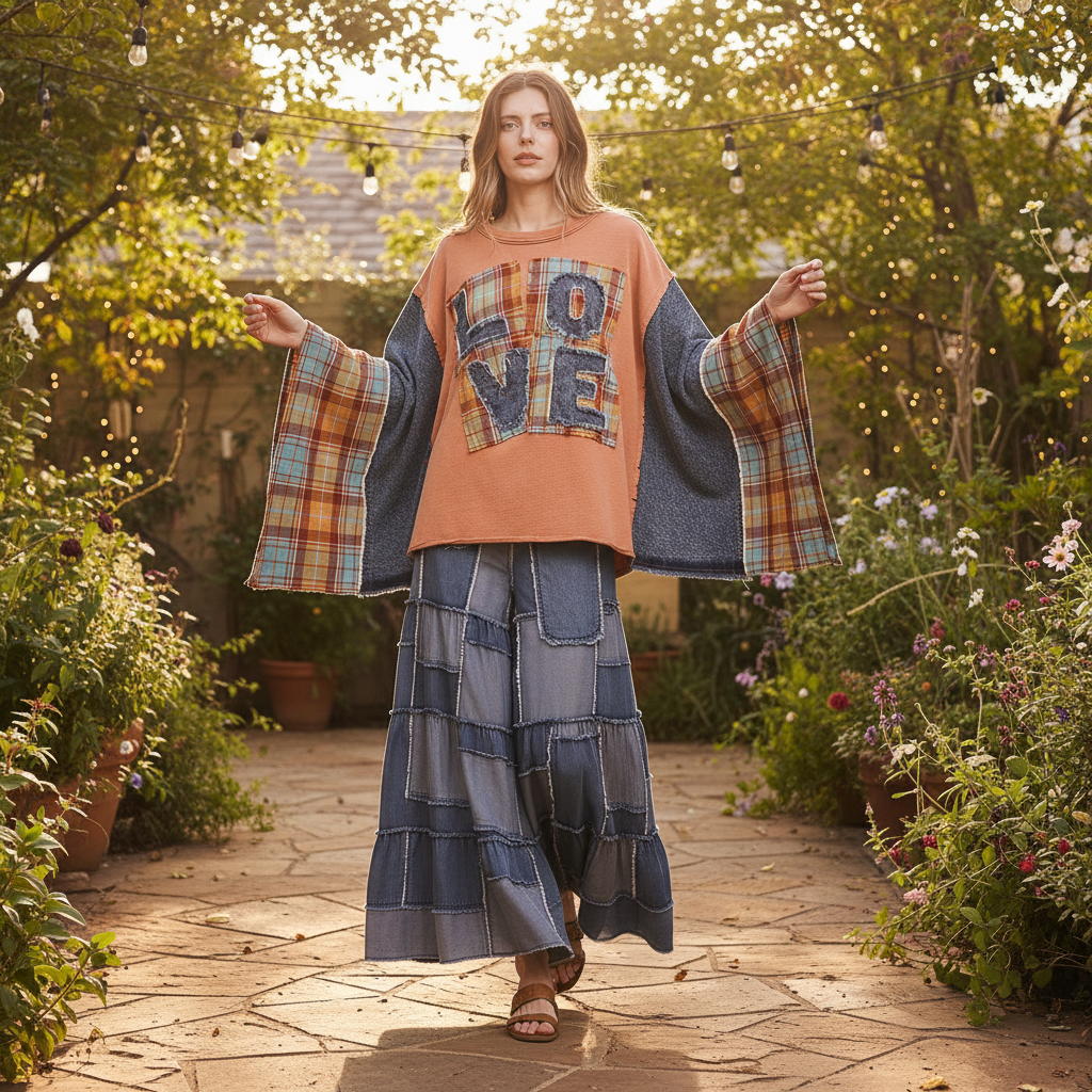 Bluevelvet women's coral patchwork poncho top with plaid denim sleeves and LOVE graphic, garden brunch outfit