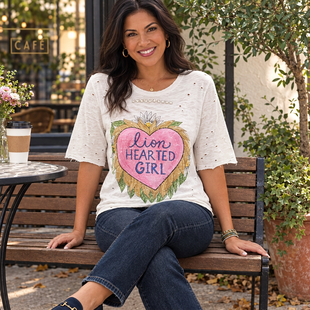 A Rare Bird Shop ivory Lion Hearted Girl tee with half sleeves past the elbow on a model seated on a cafe patio
