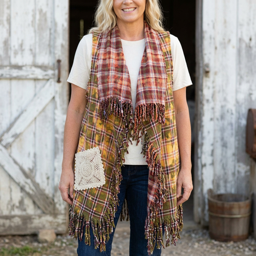 Olive and mustard plaid fringe vest with a cream crochet pocket, worn over a white tee at a barn doorway.