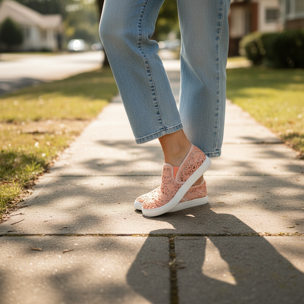 Women's peach crochet open-lace slip-on sneakers styled with wide-leg denim jeans, casual boho outfit on sunny sidewalk