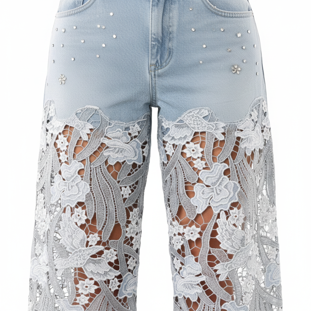 Women's light blue jeans close-up detail of 3D floral guipure lace appliqué and rhinestone crystal denim embellishment
