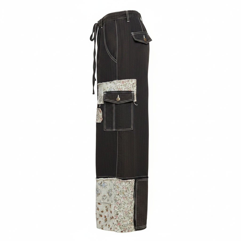 Women's washed black denim pants side view, ghost mannequin, wide-leg silhouette, floral tapestry patchwork